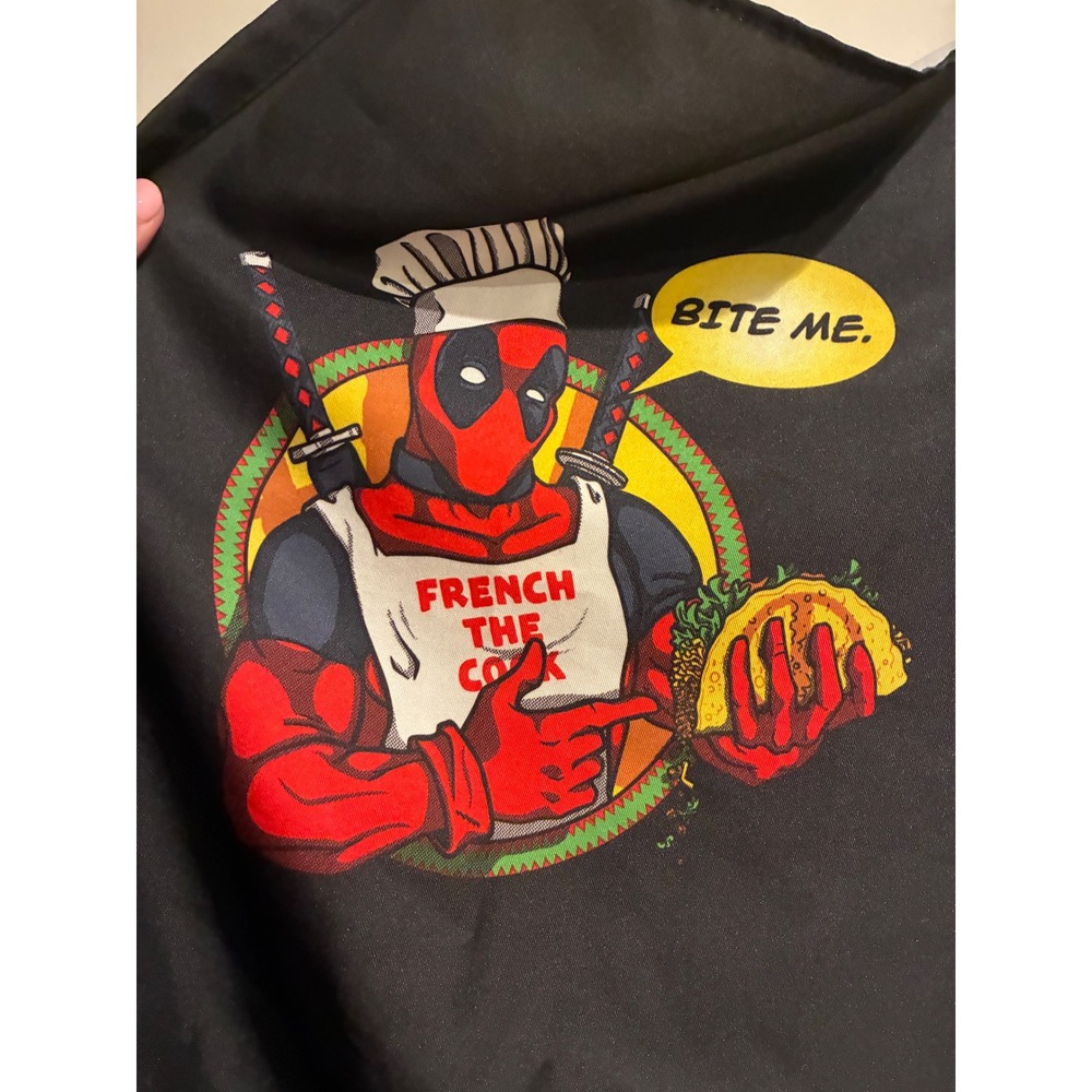 Marvel Deadpool Bite Me French The Cook Black Graphic Kitchen BBQ Apron Taco - Picture 4 of 5